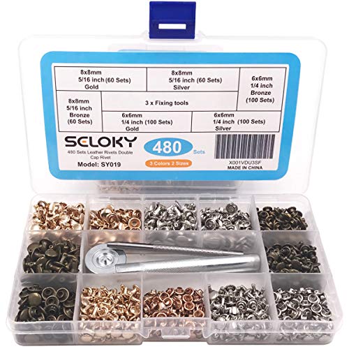 Seloky 480 Sets Leather Rivets Double Cap Rivet Tubular 3 Colors 2 Sizes Metal Studs with Fixing Tools for DIY Craft/Clothes/Shoes/Bags/Belts Repair and Decoration
