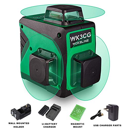 Wokeline 3x360° Rotary Laser Level Self Leveling Green Beam Three Plane Cross Line Lasers 2x360° Vertical 1x360° Horizontal 12 Lines Tile Ceiling Floor Lazer Levels+Flexible Magnetic Base+Li Battery