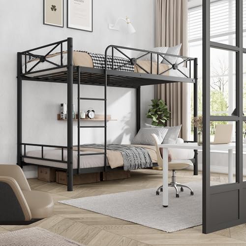 Bunk Bed Twin Over Twin for Kids, Teens & Adults Bunk Bed with Storage, Heavy Duty Steel Frame with Safety Guard Rails, No Box Spring Needed, Easy Assembly