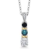 Gem Stone King 925 Silver and 10K Yellow Gold Round White Moissanite Blue Diamond and Black Onyx Pendant Necklace For Women (0.48 Cttw, Gemstone, with 18 Inch Chain)