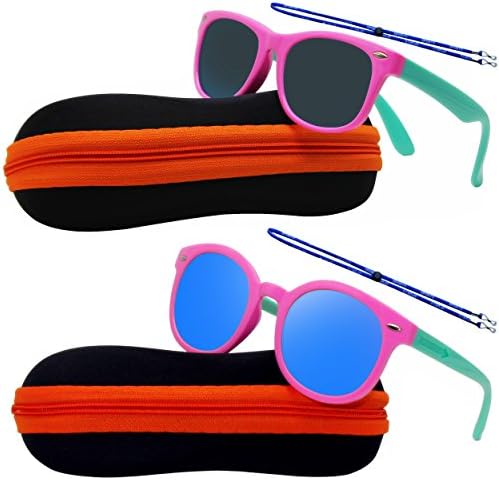 Kids Boys Girls Pair Rubber Flexible Cat Eye Polarized Sunglasses With Case Strap Age 3-10 Years (Cat Eye 2Packs A)