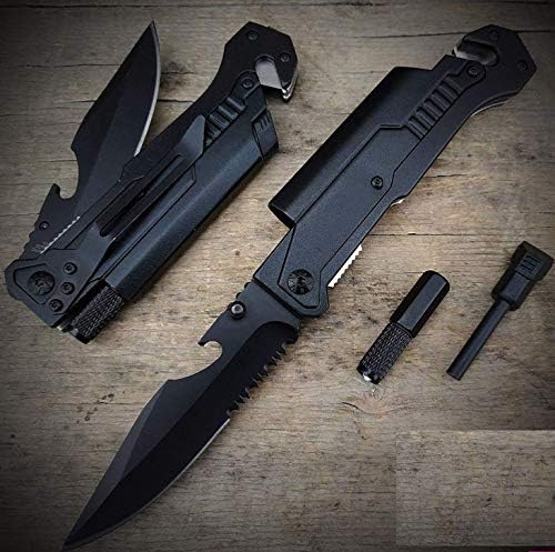 Black EDC Spring Assisted LED Multifunction Pocket Knife Survival MULTI TOOL