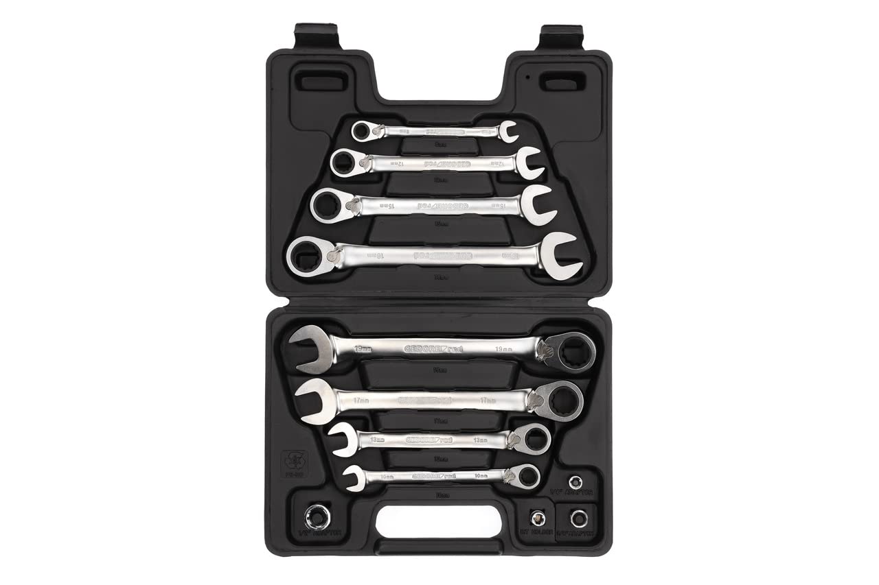 GEDORE red Combination ring ratchet spanner set, Reversible, Incl. adapters, 12-pc. Set, AF 8-19 mm, Angled, R07203012