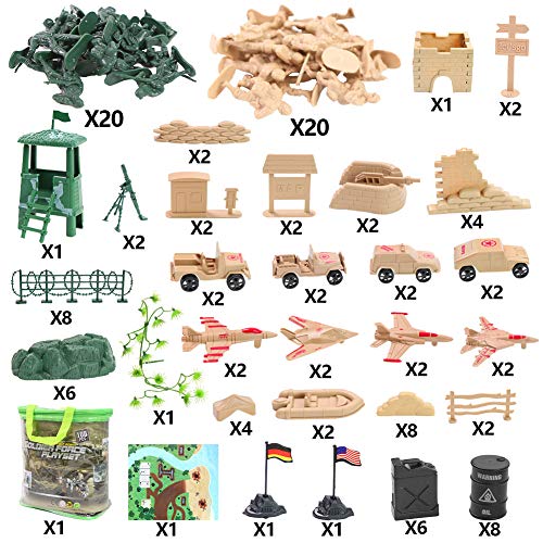 3 otters Military Figures and Accessories, 130 PCS Army Men Toys for Boys Military Soldier Playset Army Set Military Aircraft Car Military Map Pretend WWII Army Base
