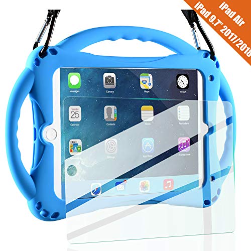 New iPad 2017/2018 9.7 inch Case/iPad Air Case, TopEsct Shockproof Silicone Handle Stand Case Cover&(Tempered Glass Screen Protector) For Apple New iPad 9.7inch(2017/2018 Version) and iPad Air(Blue)