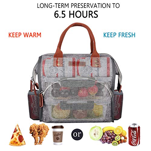 Lunch Bag, KOMUEE Insulated Lunch Box Wide-Open Lunch Tote Bag Large Drinks Holder Durable Nylon Thermal Snacks Organizer for Women Men Adults College Work Picnic Hiking Beach Fishing (grey)