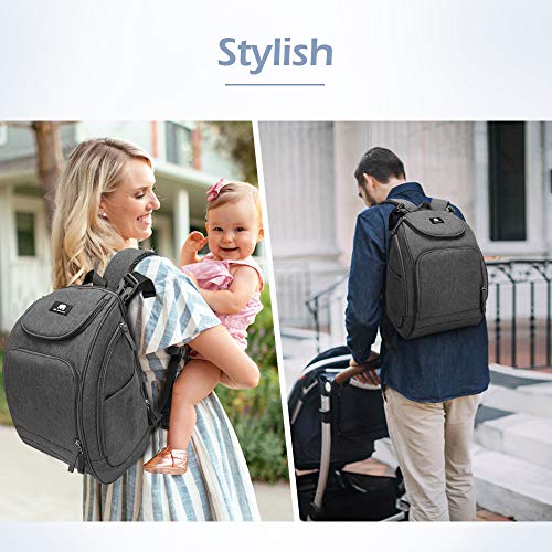 Backpack Diaper Bag, Meinkind Baby Diaper Bag Backpack for Mom, with Diaper Changing Pad, Built-in Wet Bag for Cloth Diapers, Insulated Pockets, and Stroller Straps, Gray