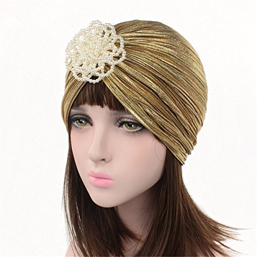 Qhome Luxury Women Shimmering Wrinkle Turban Artificial Pearl Flower Hijab Cap Head Wrap