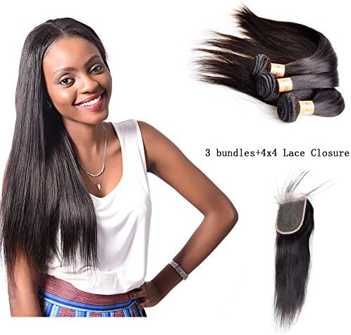 XCCOCO Straight Hair Bundles With Closure Silky Straight Lace Frontal with Bundles Peruvian Remy Straight Hair3 Bundles With 4X4 Lace Frontal Closure(Natural Color,24"24"24"+20")