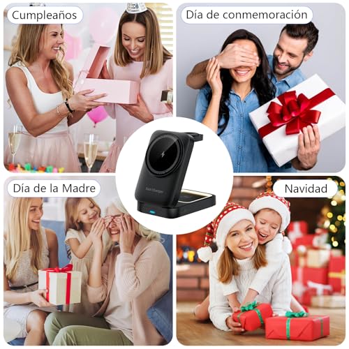 Cargador Inalámbrico,3 en 1 Estación de Carga para iPhone 17 16 15 14 13 12 Pro Max Apple Watch y AirPods,15W Cargador Rápido para iPhone,Luz,33W Adaptador,Regalos para Hombre Mujer (Negro-1)