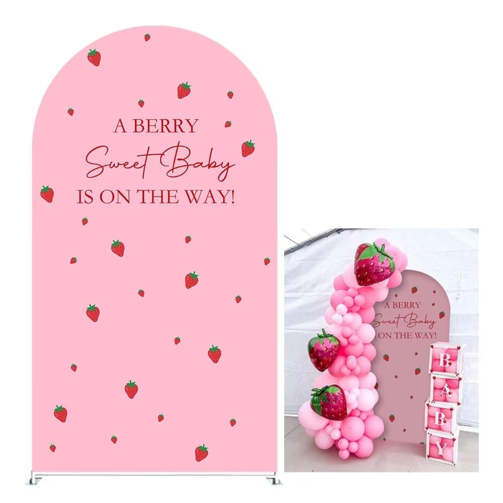 Photo 1 of KONPON A Berry Sweet Baby is ON The Way! Pink Arched Backdrop Cover Strawberry Theme Stretchy Arched Stand Covers for Girls Birthday Baby Shower Decorations Display Props(Only Cover)