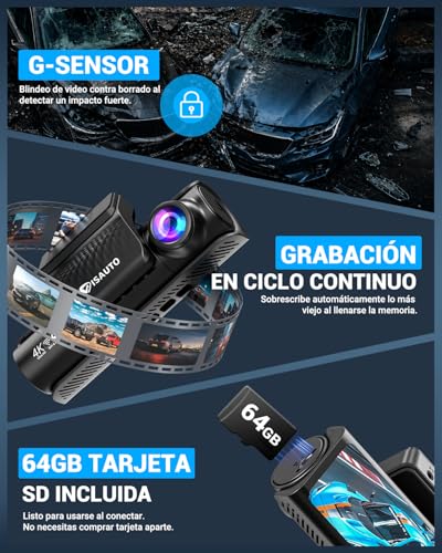 VISAUTO C40 Dashcam para Auto de 3 Canales, 4K +2.5K+1080P Camara para Carro con Visión Nocturna, WiFi 5Ghz, GPS, Tarjeta de 64 GB, 24H Monitor de Estacionamiento, Sensor G, Grabación en Bucle