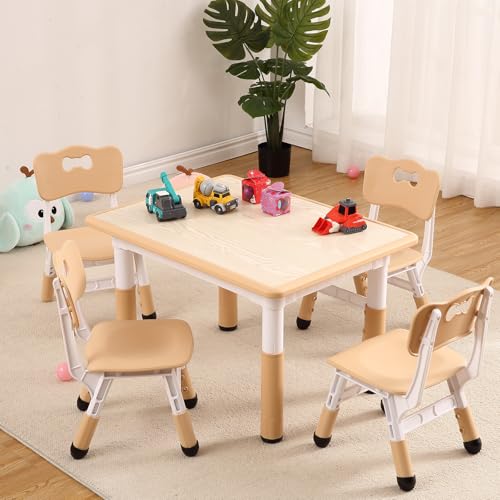 Garvee Kids Table and 4 Chairs Set, 5-Piece Height Adjustable Toddler Table with Graffiti Wipe-Clean Desktop, Non-Slip Legs & Storage Organizer, Preschool Activity Desk for Ages 2-6
