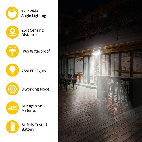 288 Led Solar Lights Outdoor, 3 Optional Modes Security Lights Motion Outdoor with Motion Activated Solar Powered, Wireless Waterproof Solar Wall Lights Outdoor Flood Lights Led for Yard, Garage, Deck