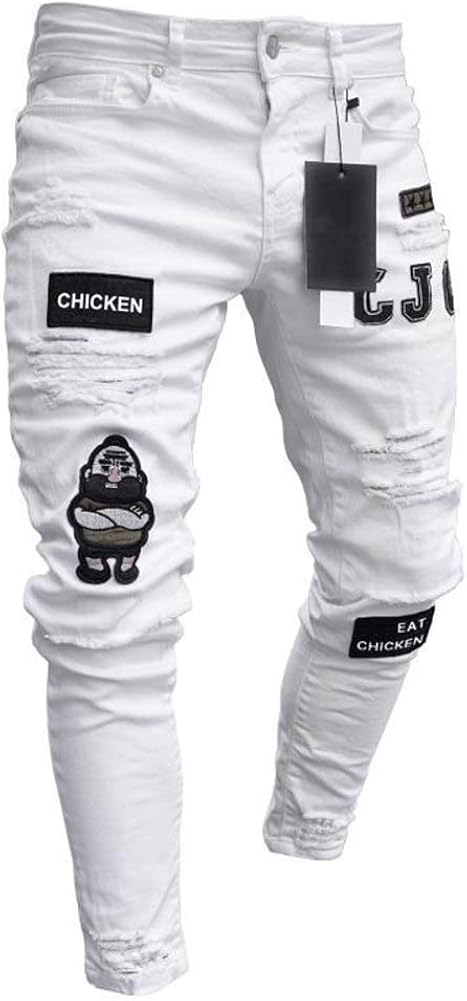 Blanc Jeans Hommes Pantalon Déchiré Genou Trou Maigre Jeans Mâle