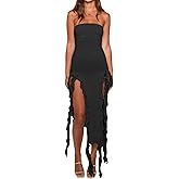 Women’s Bodycon Tube Dress Sexy Strapless Y2K Ruffle Trim Irregular Floral Tassel Split Ruched Club Night Party Midi Dress