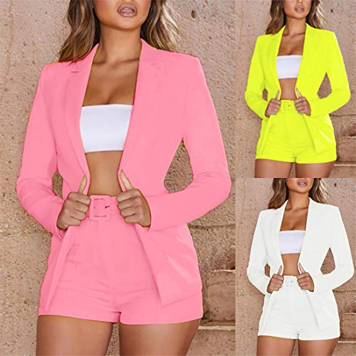jiumoji Women Women 2 Piece Casual Blazer Set Long Sleeve Bright Solid Button Fit Office Work Tops Bandage Coats Pants Suit (-Pink, M)