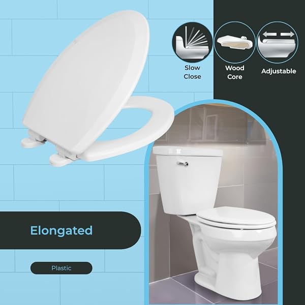 CENTOCO ELONGATED TOILET SEAT, HEAVY-DUTY WOOD CORE WITH PLASTIC SCRATCH-RESISTANT FINISH, SOFT CLOSE, MADE IN THE USA, 900SC-001, WHITE