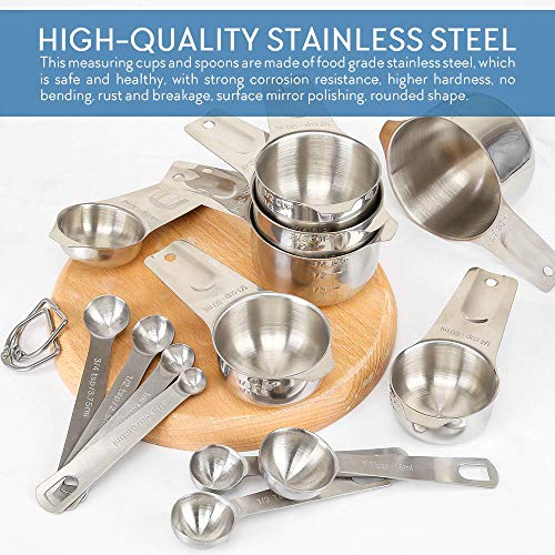 Measuring Cups Set Stainless Steel Measuring Cups and Spoons Set of 14: 7 Measuring Cups and 7 Measuring Spoons with 2 D-Rings for Dry Measurement Liquid Ingredients Cooking Baking, Best Kitchen Gadge