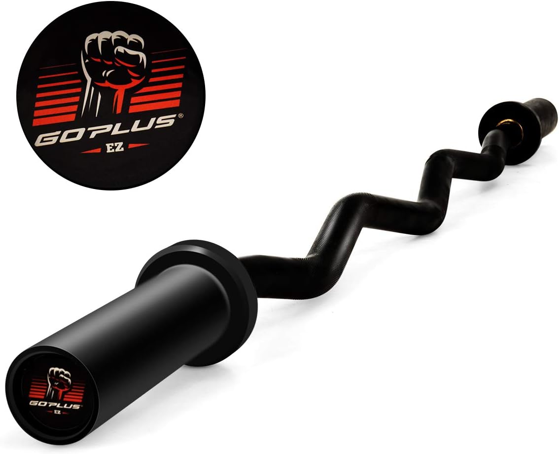 Goplus 400Lbs Olympic EZ Curl Bar for Strength Training, 47’’ Solid Steel Barbell Weight Lifting Bar, Home Gym Equipment with Copper Sleeve and Bearing Connection