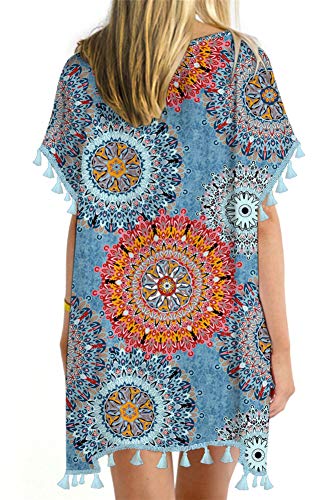 Yincro Women Chiffon Tassel Beach Bathing Suit Swimsuit Cover ups for Swimwear (Size C(Fit US 3XL-4XL), Mix Flower Navy)