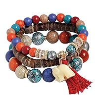 Dyllutrwhe Womens Bracelet Bohemian Elephant Tassel Charm Czech Stones Beaded Silver Multiple Bracelet Gift for girls 3Pcs/Set 1#