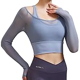 Harssidanzar Women's 2 in 1 Yoga Long Sleeve Mesh Gym Athletic Tops Workout Shirts with Medium Support Sports Bra CL301US