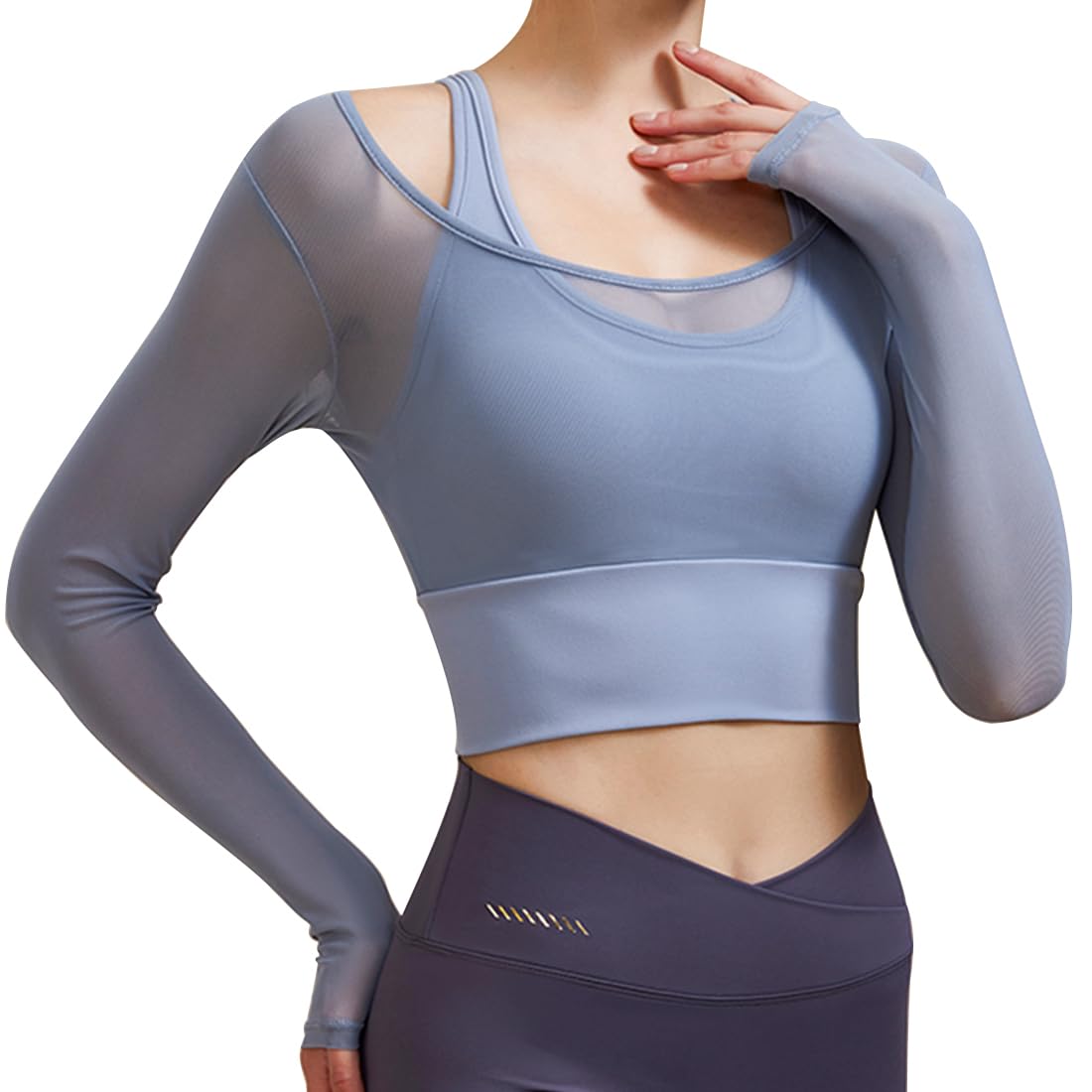 Photo 1 of Harssidanzar Women's 2 in 1 Yoga Long Sleeve Mesh Gym Athletic Tops Workout Shirts with Medium Support Sports Bra CL301US, Blue, Size Small