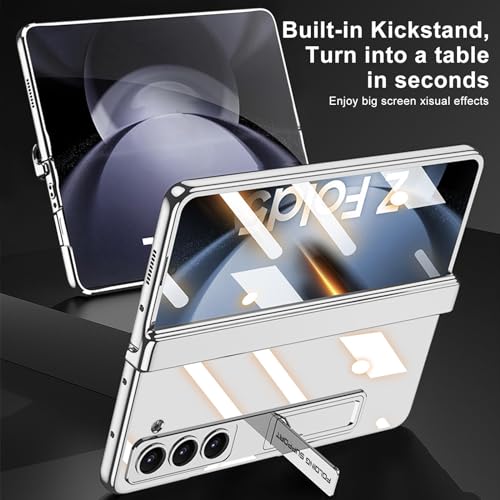 TERRIFI Case for Galaxy Z Fold 5, Magnetic Hinge Coverage Protection, Ultra Thin Transparent Plating Crystal, Built-in 3-Gears Adjustment Kickstand, Front Glass All-Inclusive Case (Clear-Cream White)
