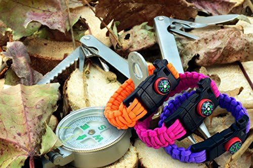 550 Paracord Survival Bracelet Kit 5-in-1 Hunting Gear with Emergency Knife, Compass, Fire Starter, Flint and Whistle by Exxceed, Purple, Small