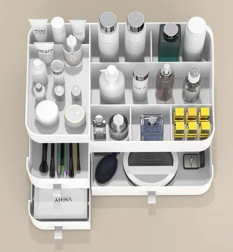 Queta Makeup Organizer Large Makeup Organizer with 3 Drawers, Makeup Box Suitable for Jewelry, Brushes, Lipstick and Creams with 8 Compartments Capacity
