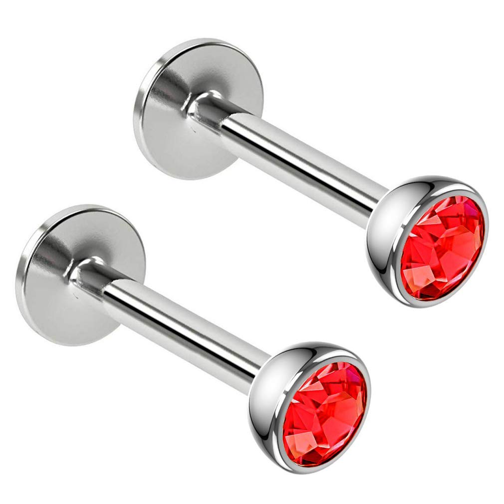 2pc 16g 1.2mm Surgical Steel Labret Bar Monroe Lip Ring 3mm Red Gem Tragus Earring Stud Piercing Jewellery 8mm