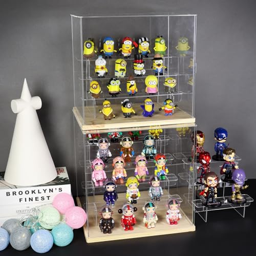 Nynelly 5 Tier Clear Acrylic Display Case for Models, Mini Figures, Pop Mart, Labubu, Sonny Angel, Smiski - Assemble Dustproof Display Box with Door, Display Stand (White Base,Clear Step)