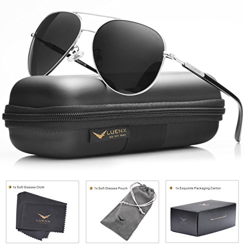 Mens Sunglasses Aviator Polarized Black by LUENX, LightWeight Metal Frame,Large 60mm Lens,with Case,for Driving,Fishing,Outdoor,Travel
