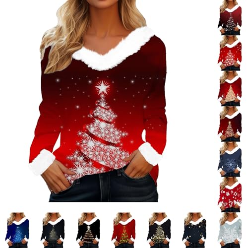 Ladies Christmas Tops Christmas Jumpers for Women Casual Fleece V-Neck Pullover Top Xmas Tree Print Long Sleeve Jumper Winter Plus Size Holiday Outfits Jumpers for Ladies