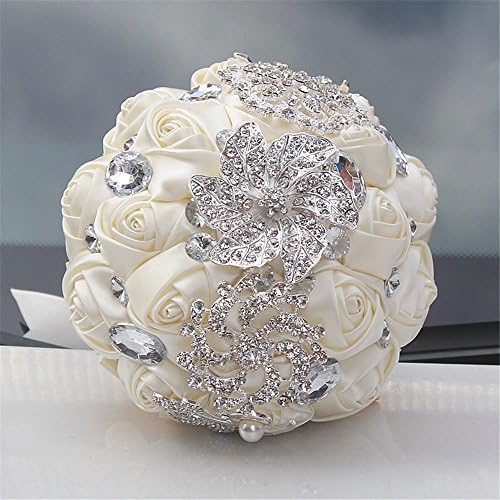 Bridesmaid Bridal Artificial Bouquets Diamond Pearl Silk Roses Customization Bride Holding Bouquet Durable Wedding With Corsage Flower (Ivory)