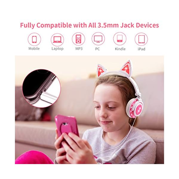 Kids-Headphones-with-Cat-EarLobkin-Wired-Headphones-Over-Ear-for-ChildrenFoldable-Headphone-with-Glowing-Light-for-Kindle-Fire-Samsung-iPad-Tablets-whitepink Kids Headphones with Cat Ear,Lobkin Wired Headphones Over Ear for Children,Foldable Headphone with Glowing Light for…