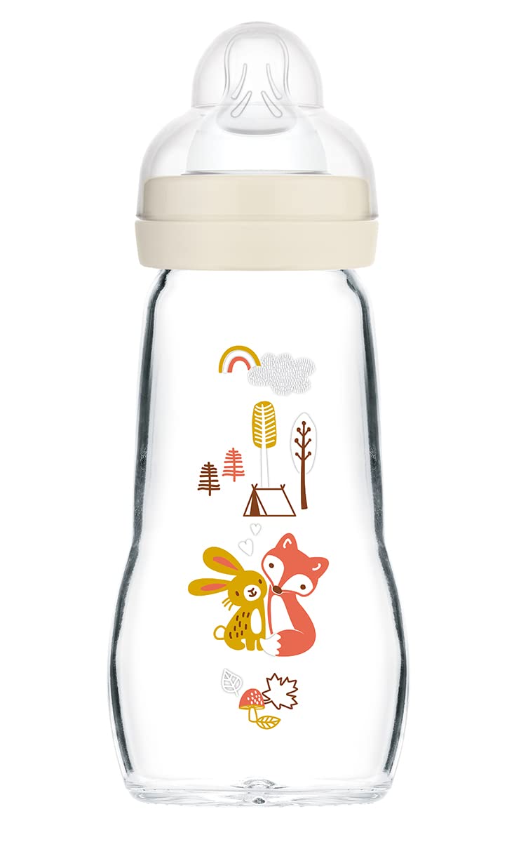MAM Feel Good Glass Bottle | 1 Pack (1 x 260ml) | MAM Glass Bottle with Medium Flow Teat Size 2 | Baby Accessories for Newborn | Yellow (Various Designs)