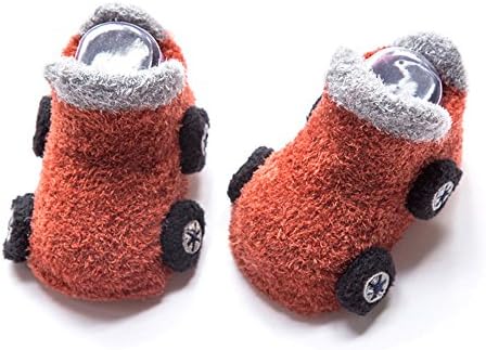 Cartoon car Coral velvet (feather yarn) Kids' Cozy Velour Booties , Baby Anti Slip Socks Toddler Thick Cotton Socks 0-3 Years,gift set (Small Wine)