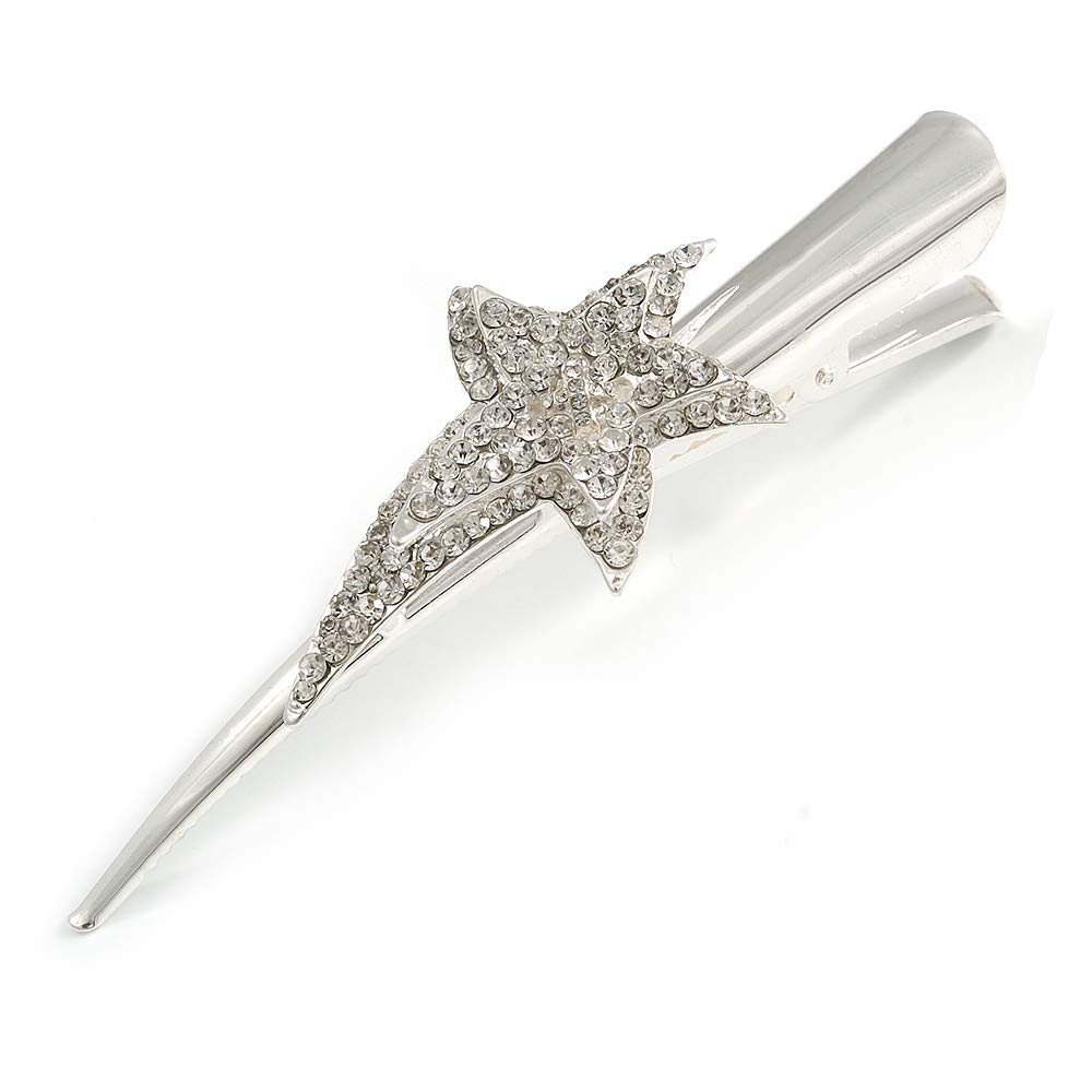 Bridal/Prom/Wedding Silver Tone Clear Crystal Star Hair Beak Clip/Concord Clip - 13cm Length