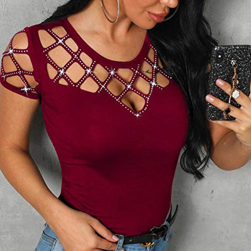 Farmerl Womens Tee O-Neck Short Sleeve Hollow Out Bling Nail Beading Casual Tops Wine