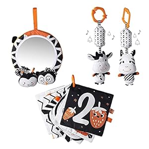 TUMAMA Baby Toys Gift Set Black and White Tummy Time Mirror Plush Rattles Rings and Crinkle Soft Cloth Book Flashcard…