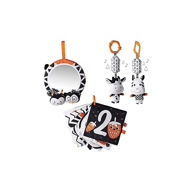 TUMAMA Baby Toys Gift Set Black and White Tummy Time Mirror Plush Rattles Rings and Crinkle Soft Cloth Book Flashcard…