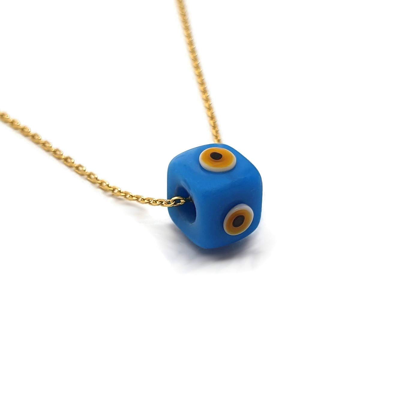MYSTIC JEWELS by Dalia – Blue Crystal Cube Eye Necklace for Good Luck – 925 Sterling Silver Chain with Gold Plated