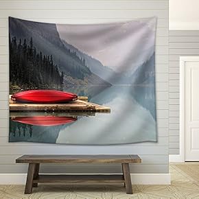 Mountain Landscape with a Red Boat in The Lake - Fabric Wall Tapestry Home Decor - 51x60 inches