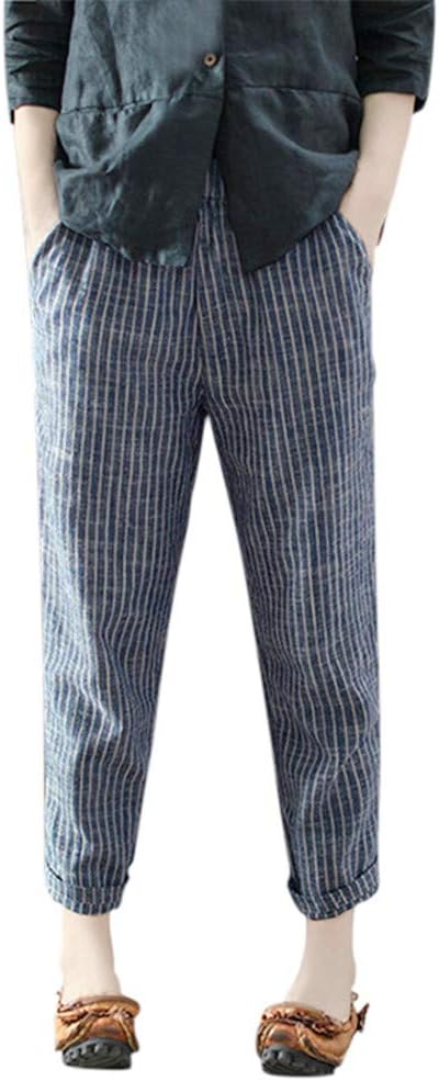 Women's Pants, FORUU Casual Plus Size Cotton Linen Striped Ankle-Length Wide Leg Trousers