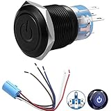 Quentacy 19mm 3/4" Metal Latching Pushbutton Switch 12V Power Symbol LED 1NO1NC SPDT ON/OFF Black Waterproof Toggle Switch with Wire Socket Plug (Blue)
