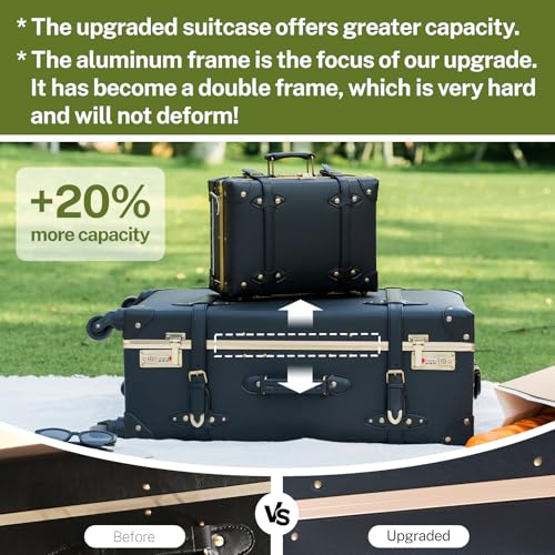 urecity Vintage Travel Suitcase Set with Digital Lock Luxury Cute Retro Cabin Luggage Sets 4 Wheels Suitcase (Black, S(12")+L(26"))
