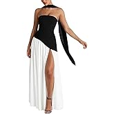 ABINGOO Women Strapless Patchwork Maxi Dress Sexy High Slit Tube Top Party Club with Scarf Long Prom Wedding Guest Dresses