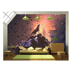 Howling Wolf on Rock with Bird Flying Around,Illustration Painting - Removable Wall Mural | Self-Adhesive Large Wallpaper - 66x96 inches